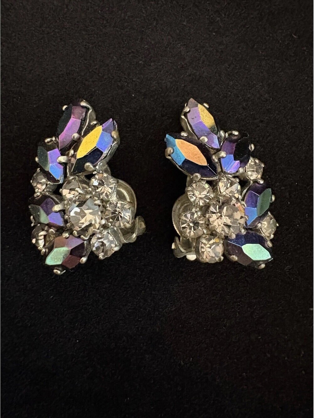 Exquisite West Germany Vintage Aurora Borealis Clip On Earrings Purple Hues